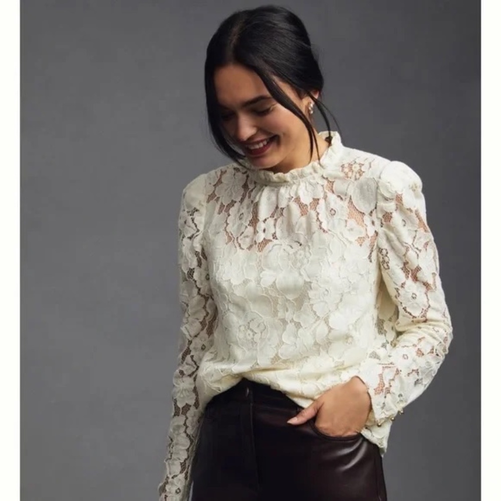 Mare Mare x Anthropologie Sheer Lace Ruffle Neck Blouse Size X Large Cream NWT - Picture 6 of 11